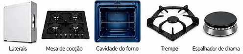 Componentes de fogão esmaltados: laterais, mesa de cocção, cavidade do forno, trempe e espalhador de chama