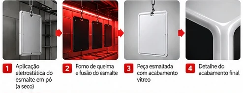 Sequência do processo: aplicação do esmalte em pó, forno de queima, peça esmaltada e detalhe do acabamento