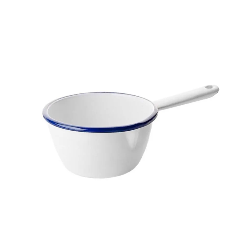 White enameled saucepan with a blue rim