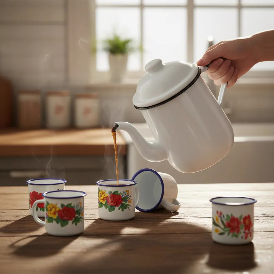 Enameled teapot pouring coffee into white floral mugs