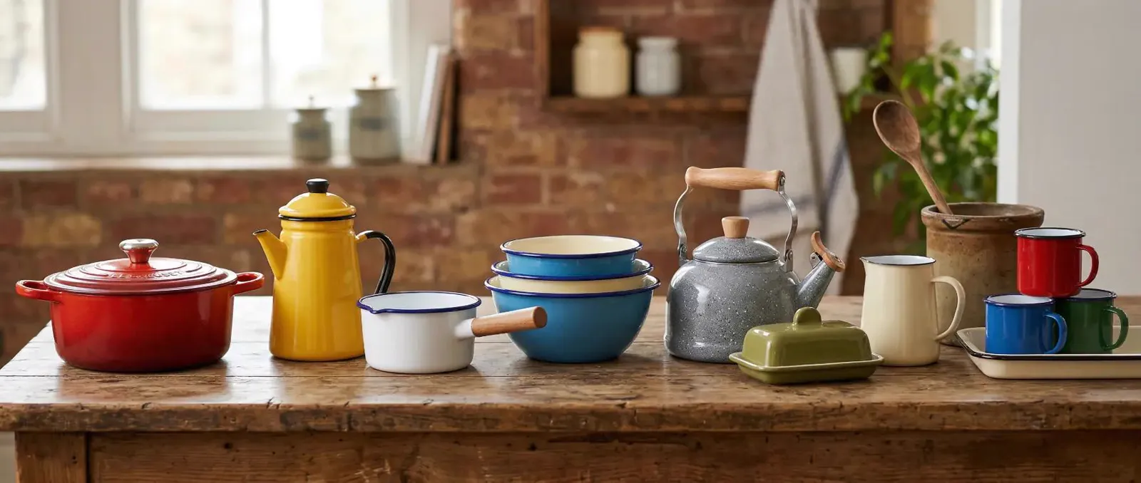 Ollas, teteras y jarros esmaltados de colores sobre una mesa de madera rústica