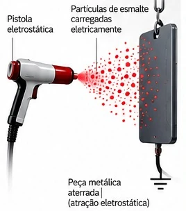Pistola eletrostática aplicando partículas de esmalte carregadas eletricamente sobre uma peça metálica aterrada